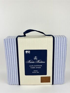 Brooks Brothers King Sheet Set Blue White Striped Cotton Yarn Dyed 4 Pc Set NEW